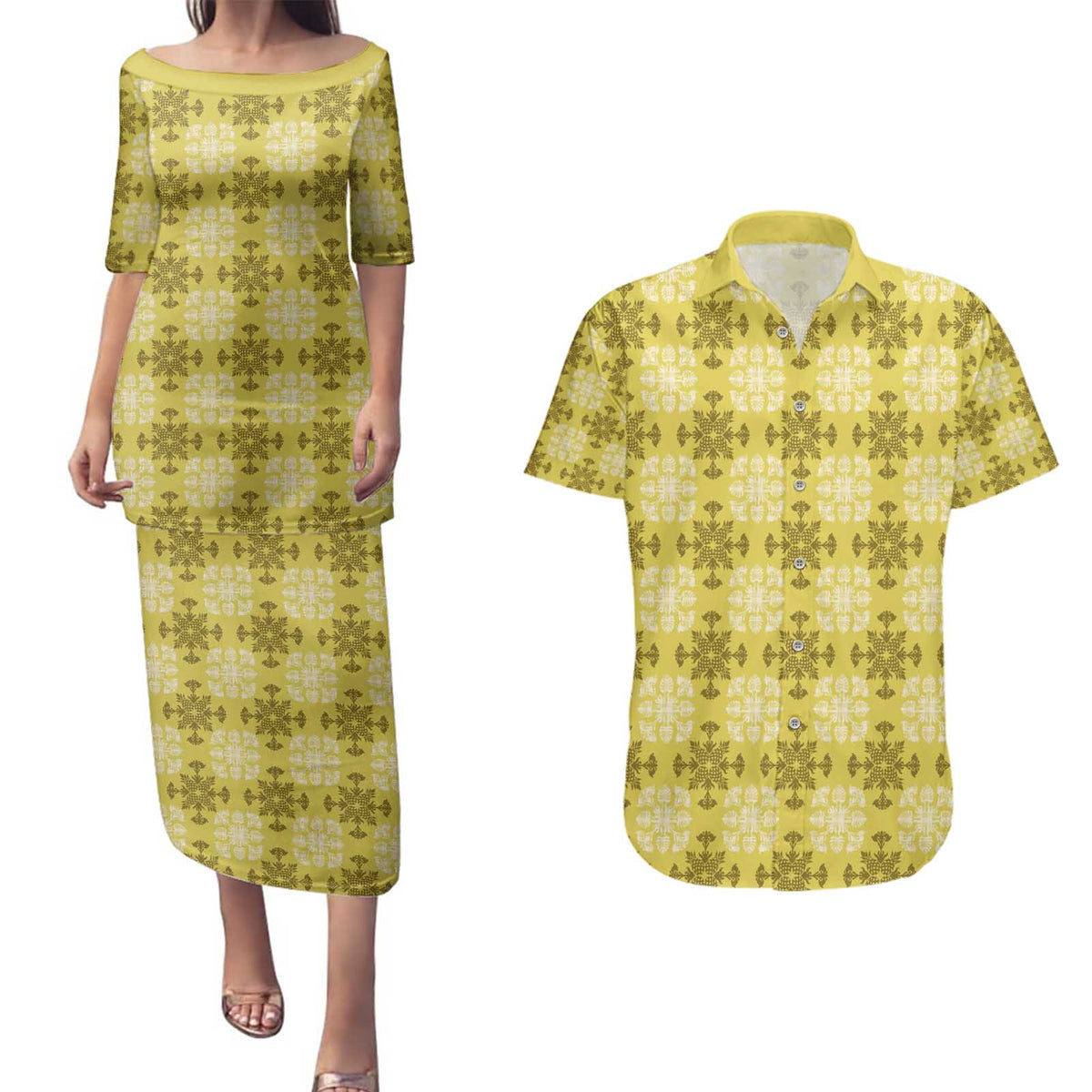 Yellow Hawaiian Quilt Couples Matching Puletasi and Hawaiian Shirt Hawaii Pineapple Monstera Palaka Motifs - Polynesian Pride