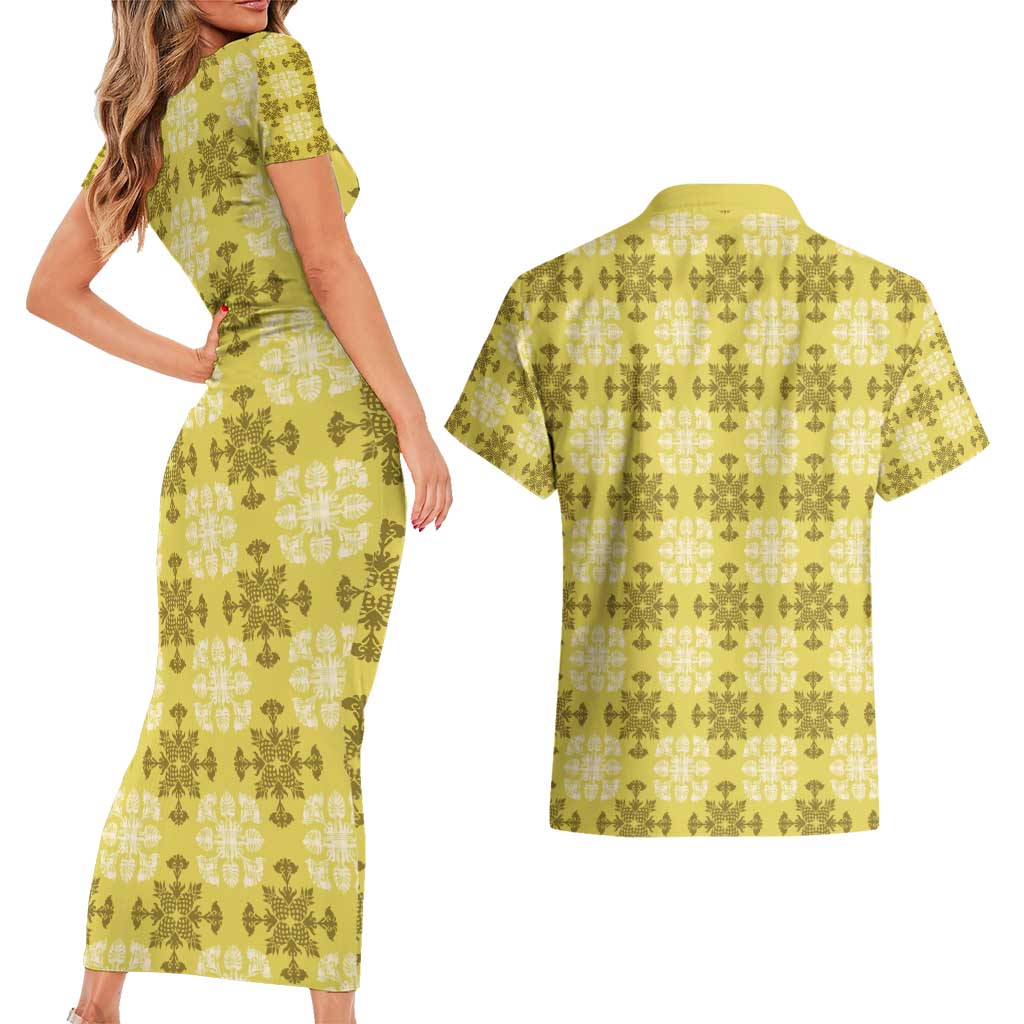 Yellow Hawaiian Quilt Couples Matching Short Sleeve Bodycon Dress and Hawaiian Shirt Hawaii Pineapple Monstera Palaka Motifs LT14 - Polynesian Pride