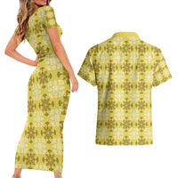 Yellow Hawaiian Quilt Couples Matching Short Sleeve Bodycon Dress and Hawaiian Shirt Hawaii Pineapple Monstera Palaka Motifs LT14 - Polynesian Pride
