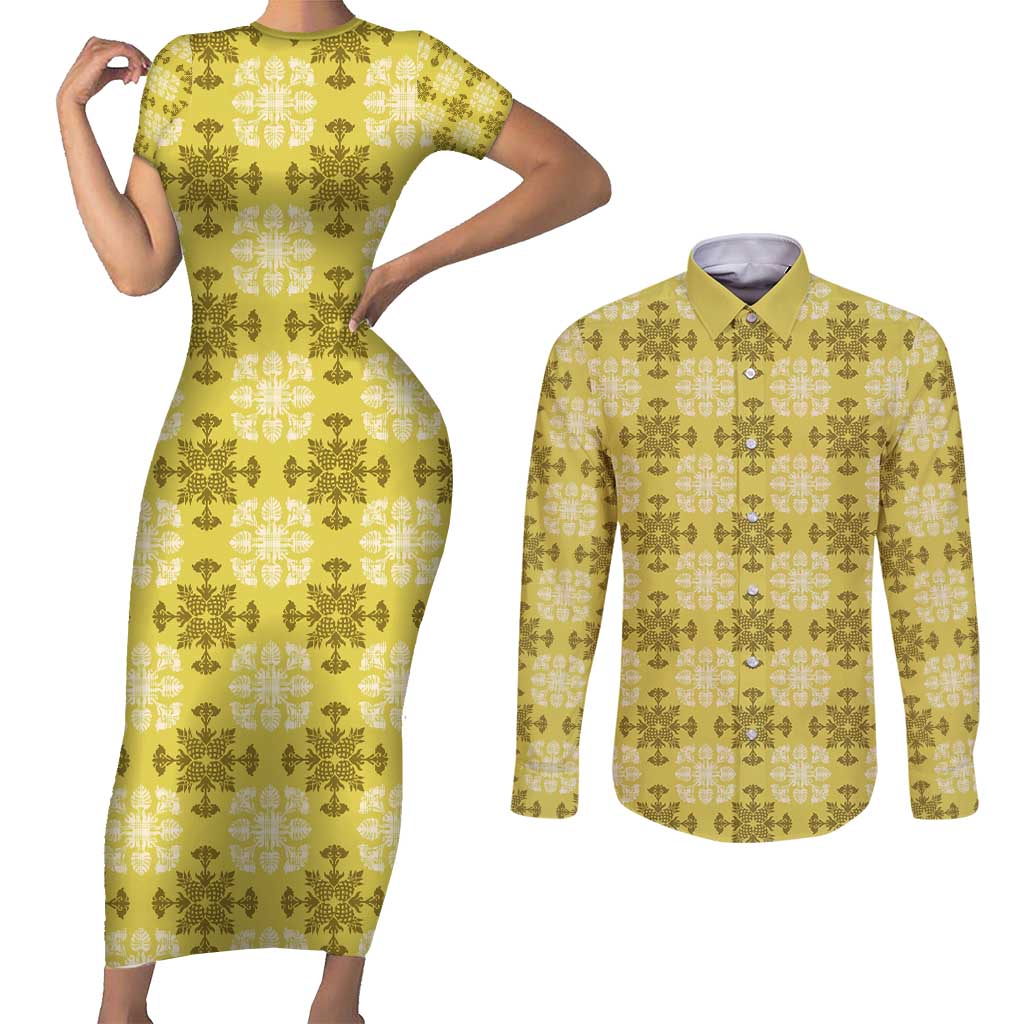 Yellow Hawaiian Quilt Couples Matching Short Sleeve Bodycon Dress and Long Sleeve Button Shirt Hawaii Pineapple Monstera Palaka Motifs LT14 Yellow - Polynesian Pride