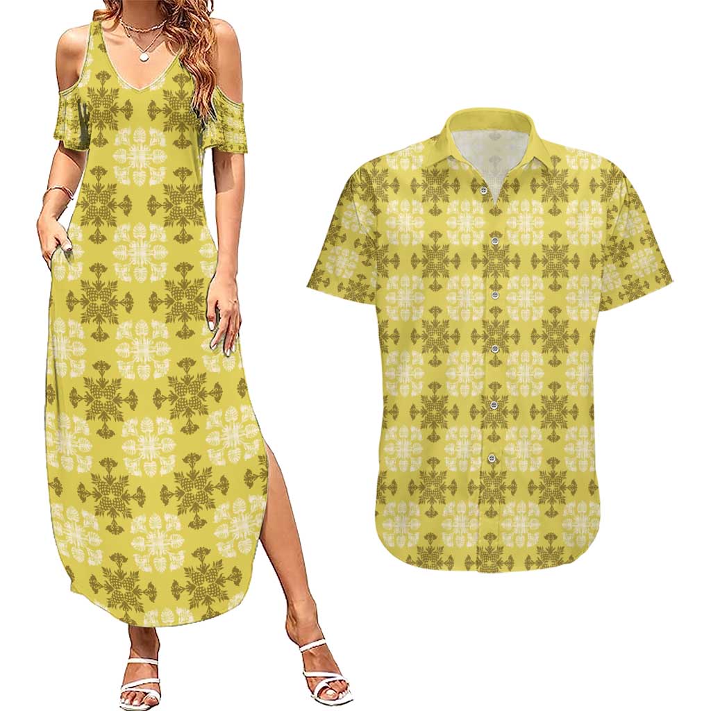 Yellow Hawaiian Quilt Couples Matching Summer Maxi Dress and Hawaiian Shirt Hawaii Pineapple Monstera Palaka Motifs LT14 Yellow - Polynesian Pride