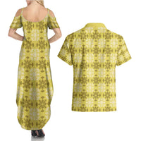 Yellow Hawaiian Quilt Couples Matching Summer Maxi Dress and Hawaiian Shirt Hawaii Pineapple Monstera Palaka Motifs LT14 - Polynesian Pride