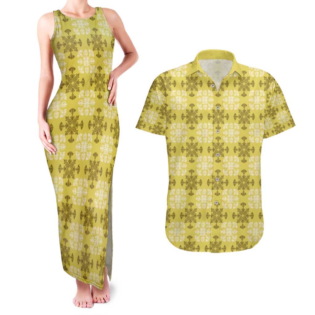 Yellow Hawaiian Quilt Couples Matching Tank Maxi Dress and Hawaiian Shirt Hawaii Pineapple Monstera Palaka Motifs LT14 Yellow - Polynesian Pride