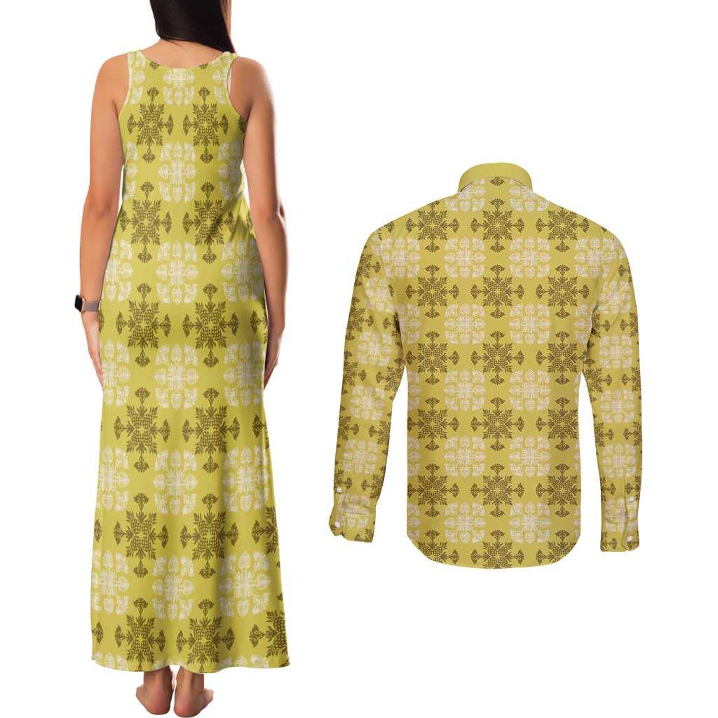 Yellow Hawaiian Quilt Couples Matching Tank Maxi Dress and Long Sleeve Button Shirt Hawaii Pineapple Monstera Palaka Motifs - Polynesian Pride