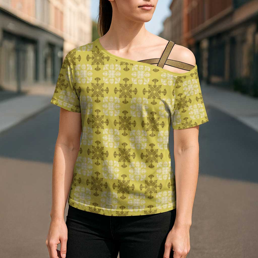 Yellow Hawaiian Quilt Cross Shoulder Shirt Hawaii Pineapple Monstera Palaka Motifs - Polynesian Pride