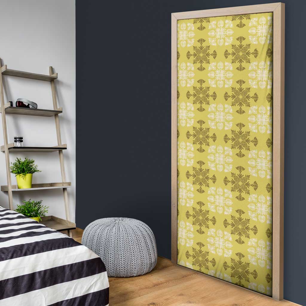 Yellow Hawaiian Quilt Door Cover Hawaii Pineapple Monstera Palaka Motifs - Polynesian Pride