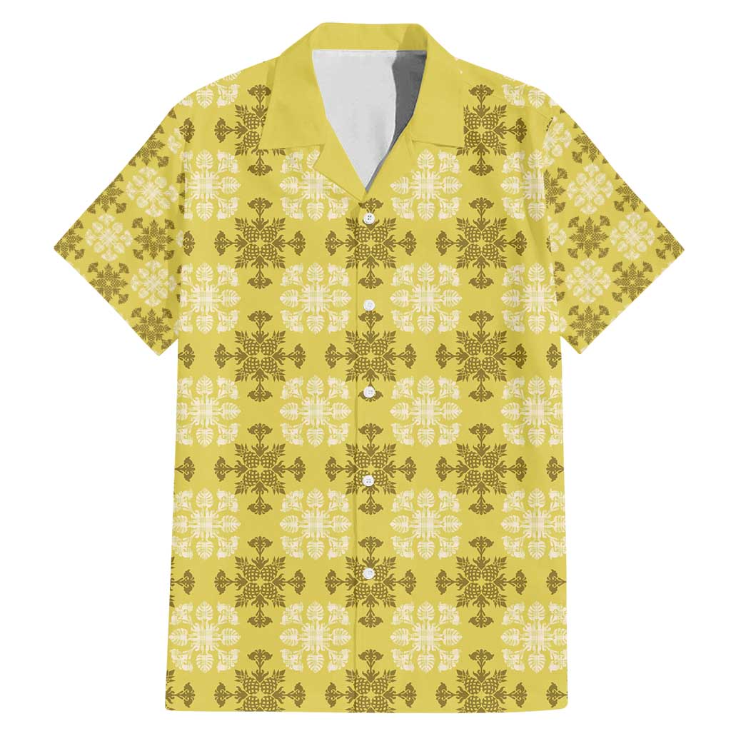 Yellow Hawaiian Quilt Family Matching Mermaid Dress and Hawaiian Shirt Hawaii Pineapple Monstera Palaka Motifs LT14 Dad's Shirt - Short Sleeve Yellow - Polynesian Pride