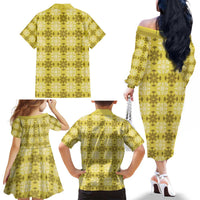 Yellow Hawaiian Quilt Family Matching Off The Shoulder Long Sleeve Dress and Hawaiian Shirt Hawaii Pineapple Monstera Palaka Motifs LT14 - Polynesian Pride