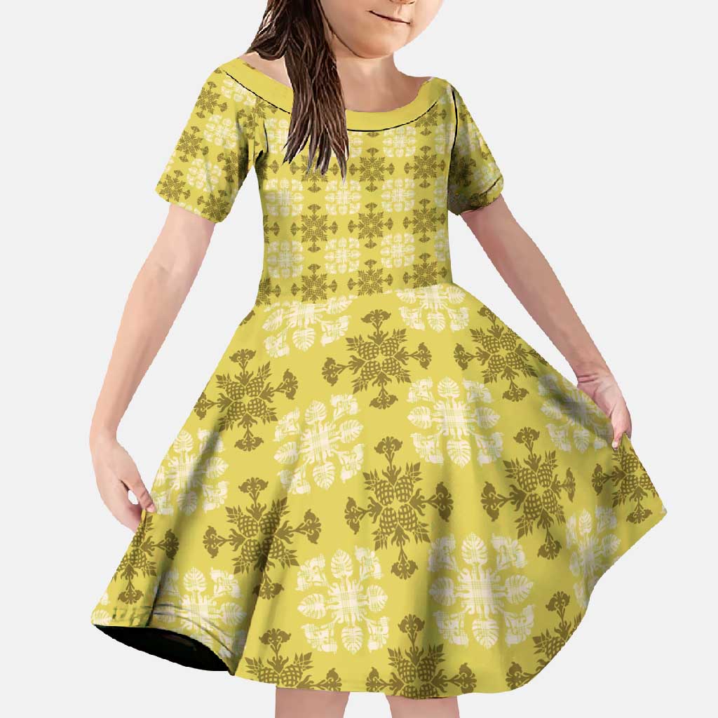 Yellow Hawaiian Quilt Family Matching Off Shoulder Maxi Dress and Hawaiian Shirt Hawaii Pineapple Monstera Palaka Motifs LT14 Daughter's Dress Yellow - Polynesian Pride