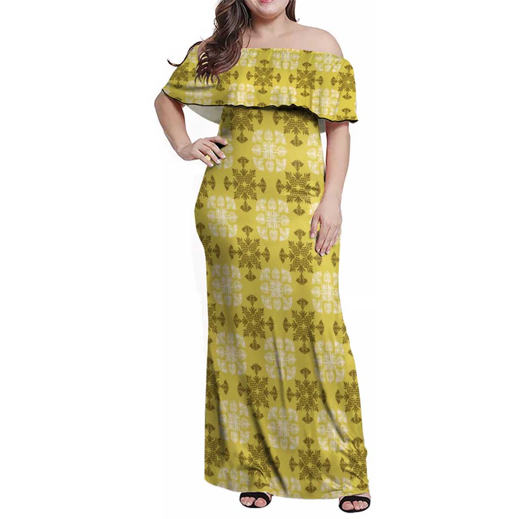 Yellow Hawaiian Quilt Family Matching Off Shoulder Maxi Dress and Hawaiian Shirt Hawaii Pineapple Monstera Palaka Motifs LT14 Mom's Dress Yellow - Polynesian Pride