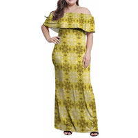 Yellow Hawaiian Quilt Family Matching Off Shoulder Maxi Dress and Hawaiian Shirt Hawaii Pineapple Monstera Palaka Motifs LT14 Mom's Dress Yellow - Polynesian Pride