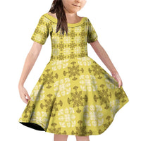 Yellow Hawaiian Quilt Family Matching Off Shoulder Short Dress and Hawaiian Shirt Hawaii Pineapple Monstera Palaka Motifs LT14 Daughter's Dress Yellow - Polynesian Pride