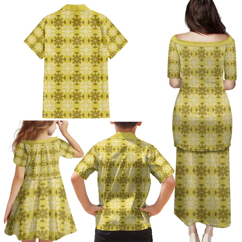 Yellow Hawaiian Quilt Family Matching Puletasi and Hawaiian Shirt Hawaii Pineapple Monstera Palaka Motifs LT14 - Polynesian Pride