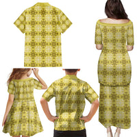 Yellow Hawaiian Quilt Family Matching Puletasi and Hawaiian Shirt Hawaii Pineapple Monstera Palaka Motifs LT14 - Polynesian Pride