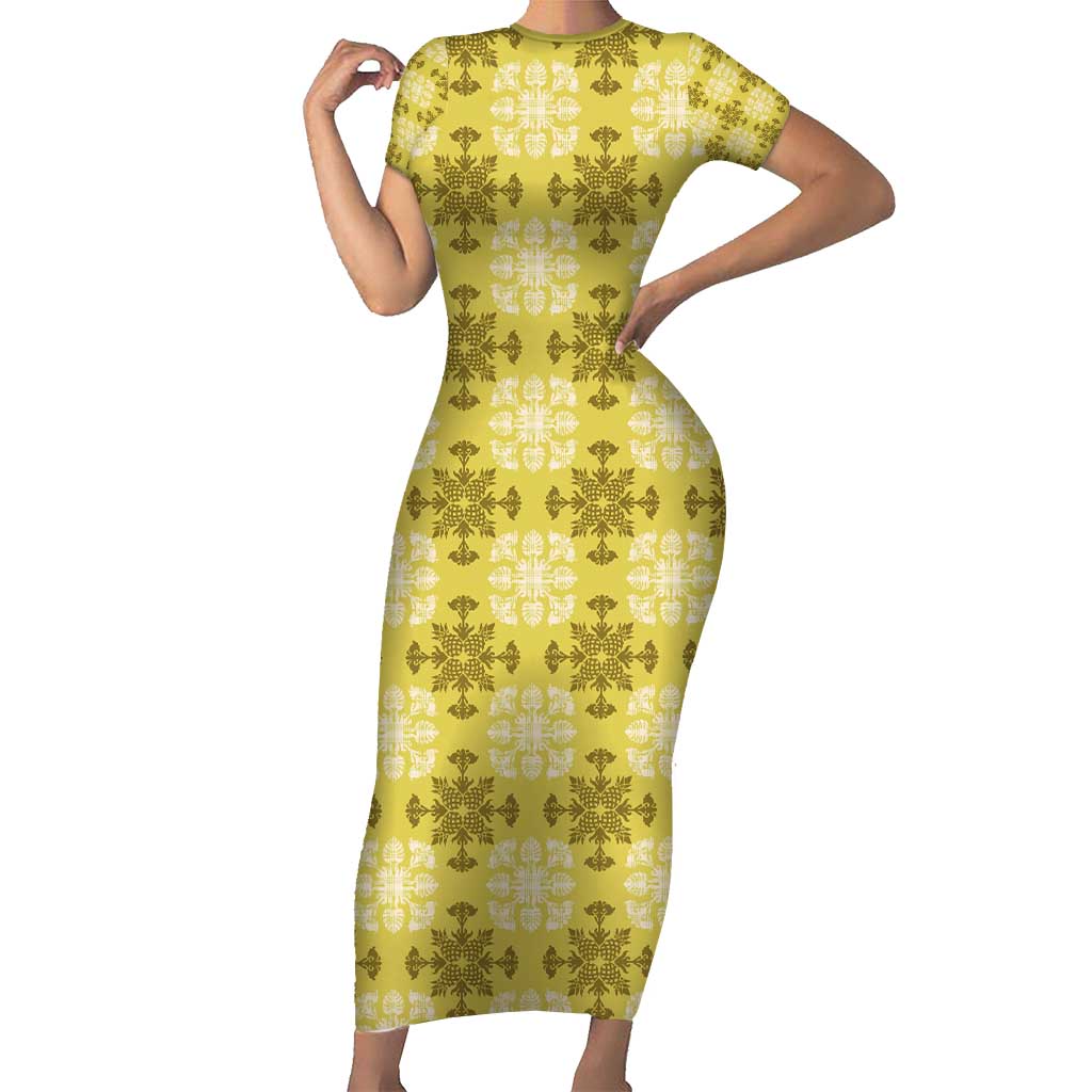 Yellow Hawaiian Quilt Family Matching Short Sleeve Bodycon Dress and Hawaiian Shirt Hawaii Pineapple Monstera Palaka Motifs LT14 Mom's Dress Yellow - Polynesian Pride