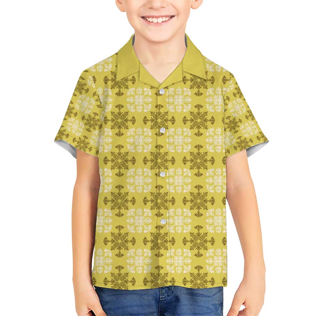 Yellow Hawaiian Quilt Family Matching Short Sleeve Bodycon Dress and Hawaiian Shirt Hawaii Pineapple Monstera Palaka Motifs LT14 Son's Shirt Yellow - Polynesian Pride