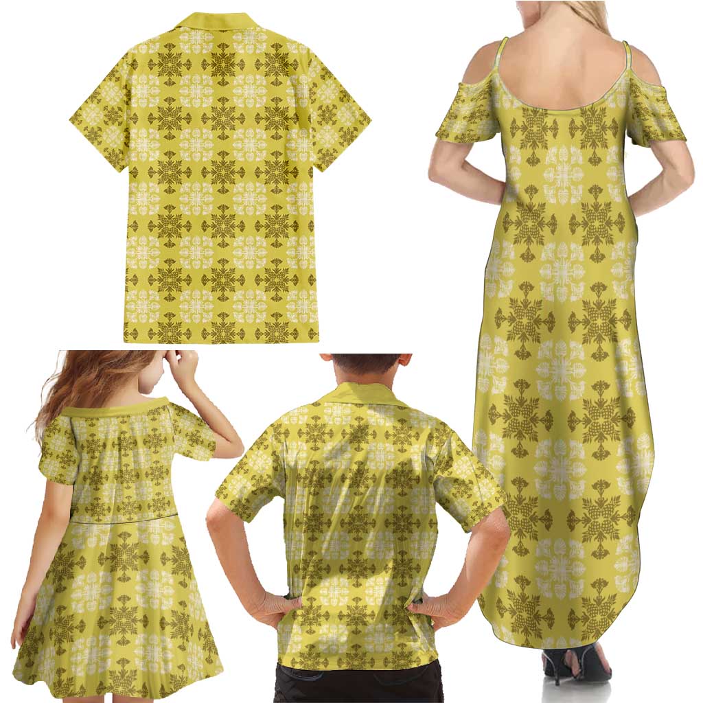 Yellow Hawaiian Quilt Family Matching Summer Maxi Dress and Hawaiian Shirt Hawaii Pineapple Monstera Palaka Motifs LT14 - Polynesian Pride