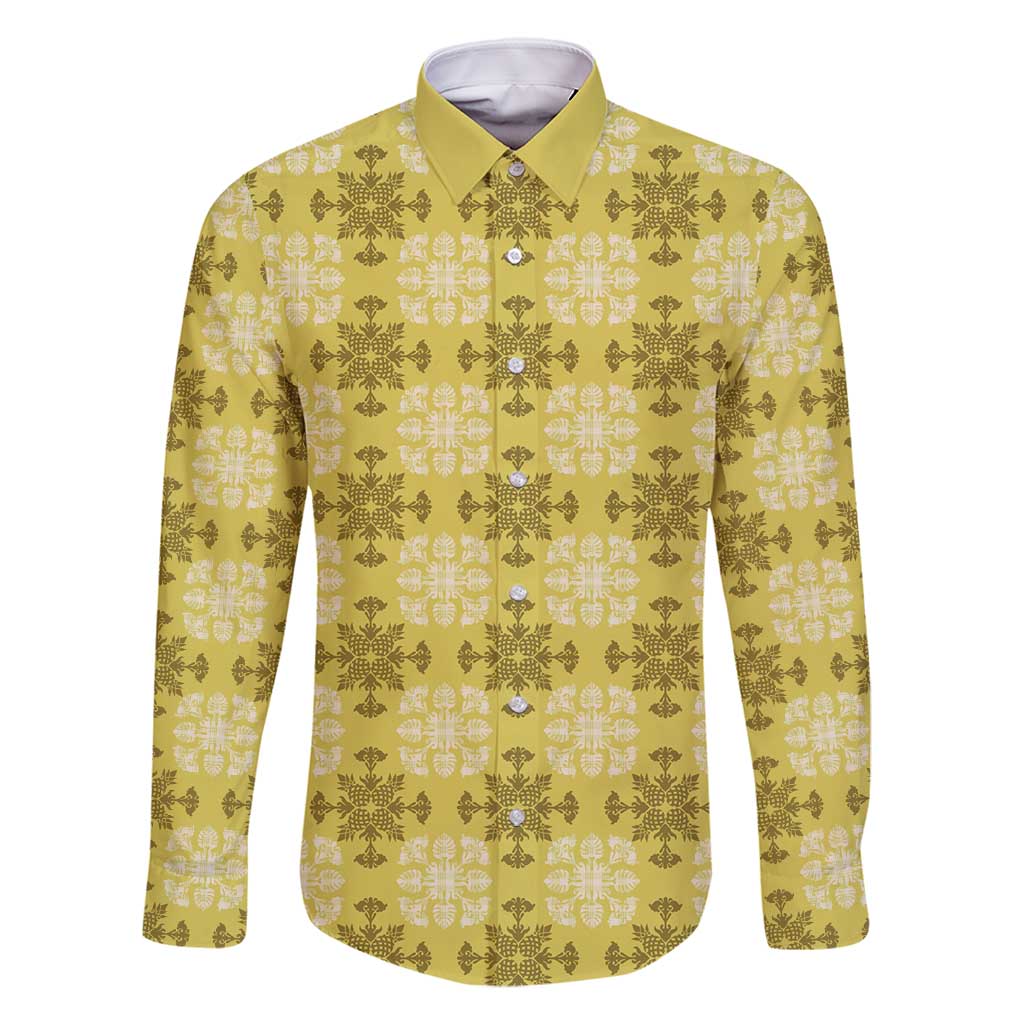 Yellow Hawaiian Quilt Family Matching Summer Maxi Dress and Hawaiian Shirt Hawaii Pineapple Monstera Palaka Motifs LT14 Dad's Shirt - Long Sleeve Yellow - Polynesian Pride