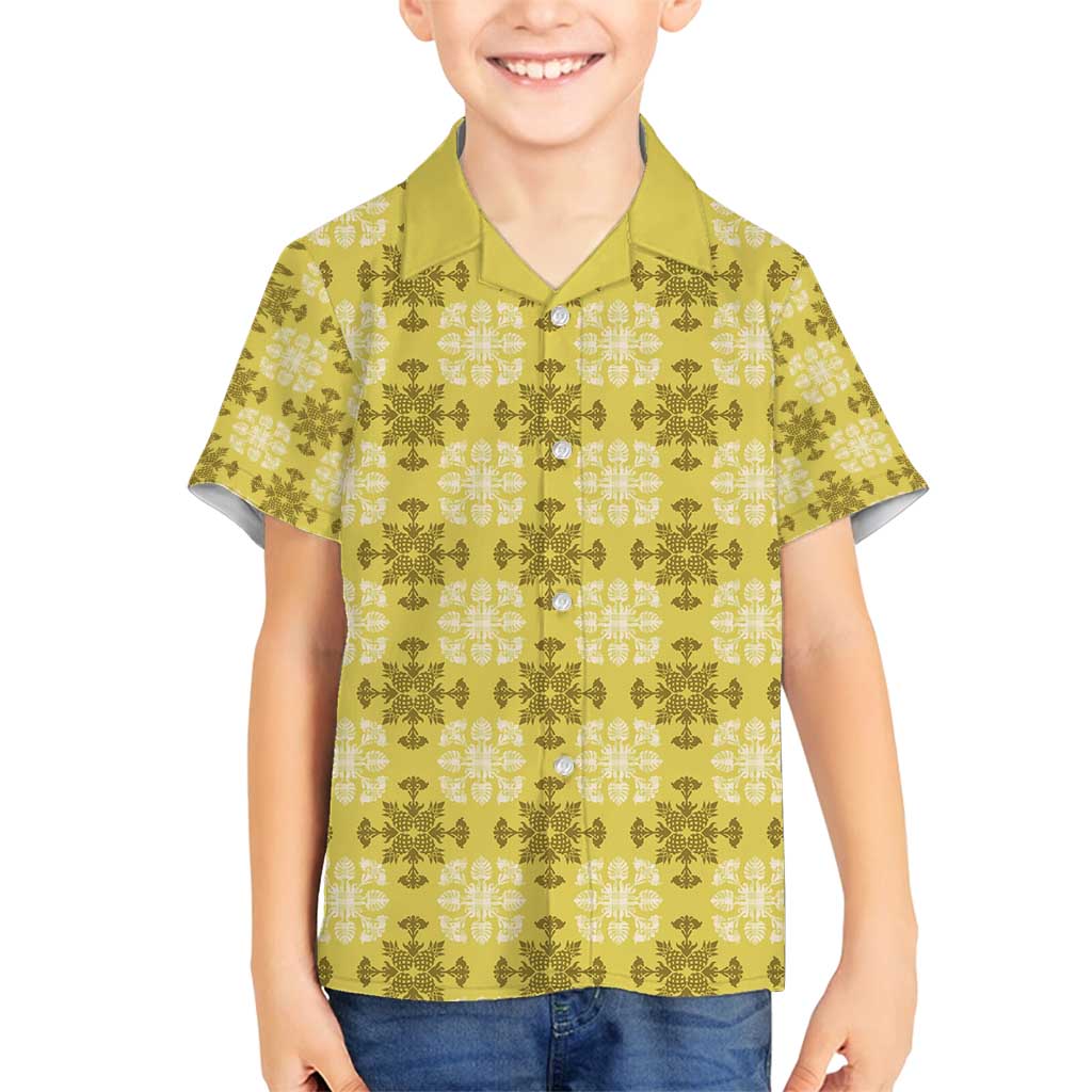 Yellow Hawaiian Quilt Family Matching Tank Maxi Dress and Hawaiian Shirt Hawaii Pineapple Monstera Palaka Motifs LT14 Son's Shirt Yellow - Polynesian Pride