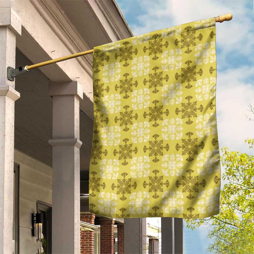 Yellow Hawaiian Quilt Garden Flag Hawaii Pineapple Monstera Palaka Motifs - Polynesian Pride