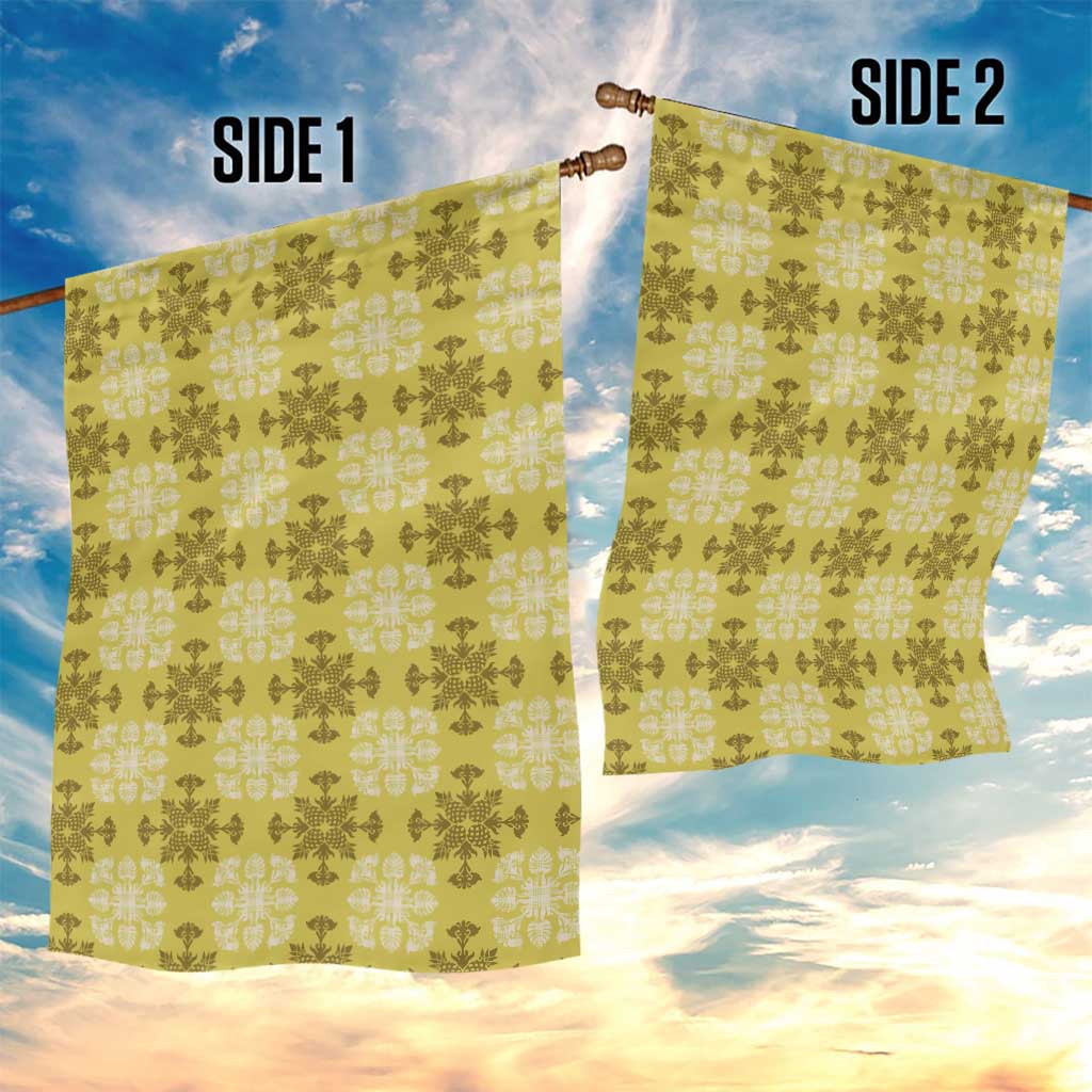 Yellow Hawaiian Quilt Garden Flag Hawaii Pineapple Monstera Palaka Motifs - Polynesian Pride