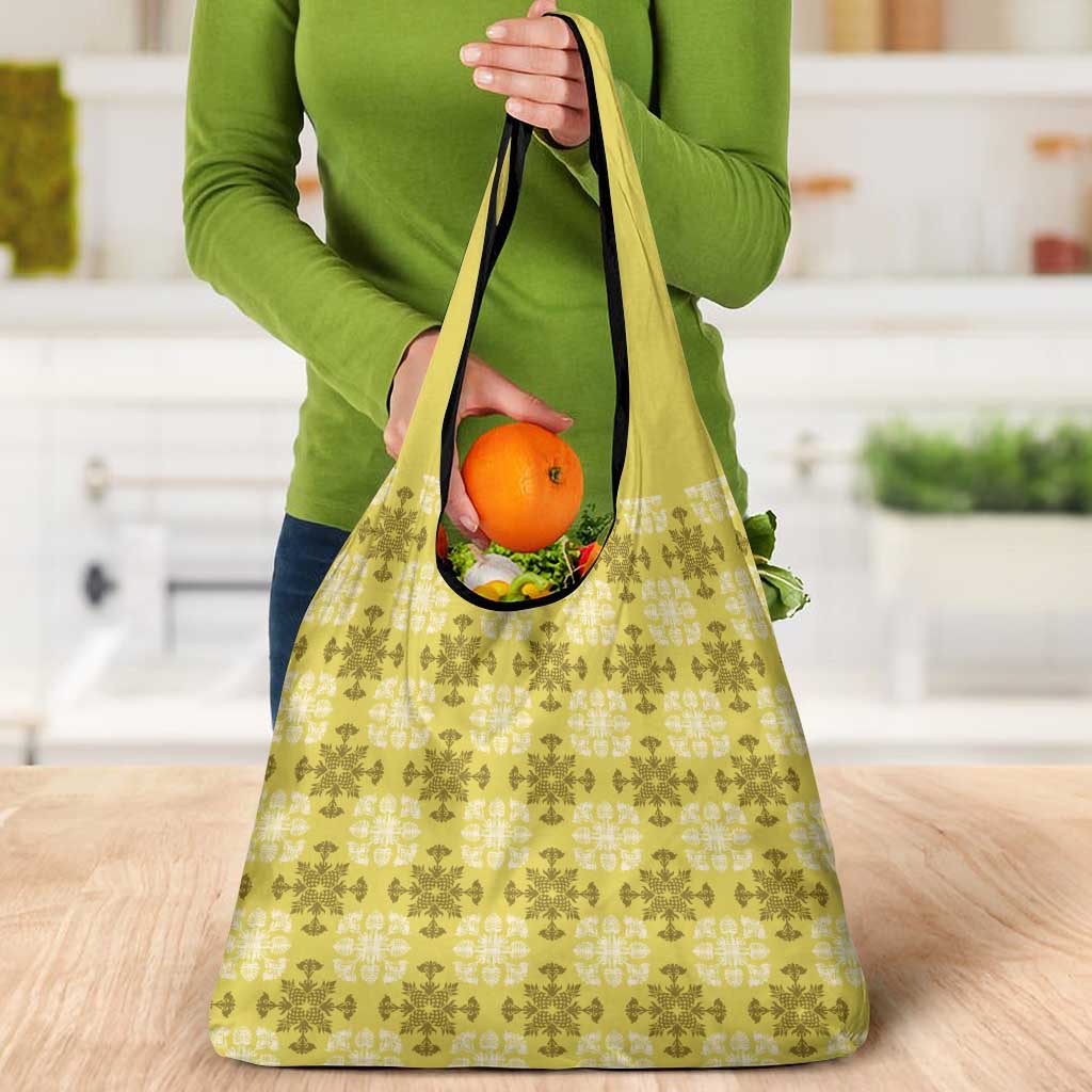 Yellow Hawaiian Quilt Grocery Bag Hawaii Pineapple Monstera Palaka Motifs - Polynesian Pride