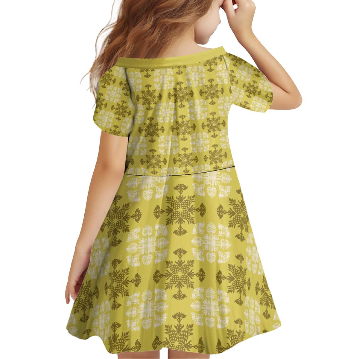Yellow Hawaiian Quilt Kid Short Sleeve Dress Hawaii Pineapple Monstera Palaka Motifs - Polynesian Pride