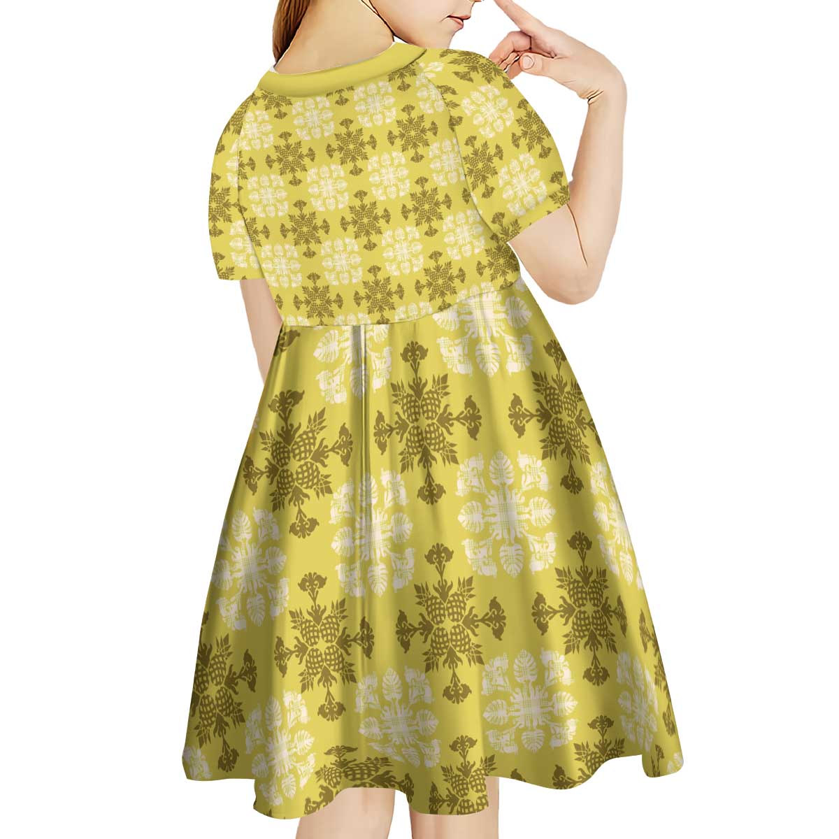 Yellow Hawaiian Quilt Kid Short Sleeve Dress Hawaii Pineapple Monstera Palaka Motifs - Polynesian Pride