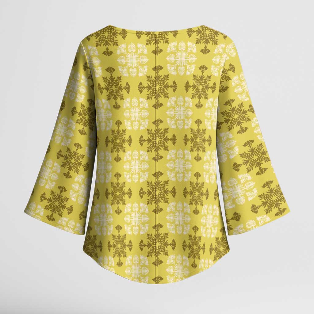 Yellow Hawaiian Quilt Kimono Sleeve Blouse Hawaii Pineapple Monstera Palaka Motifs - Polynesian Pride