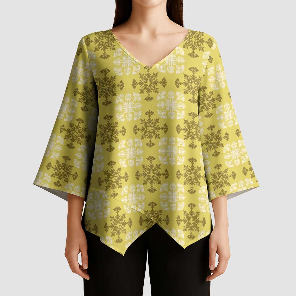 Yellow Hawaiian Quilt Kimono Sleeve Blouse Hawaii Pineapple Monstera Palaka Motifs - Polynesian Pride