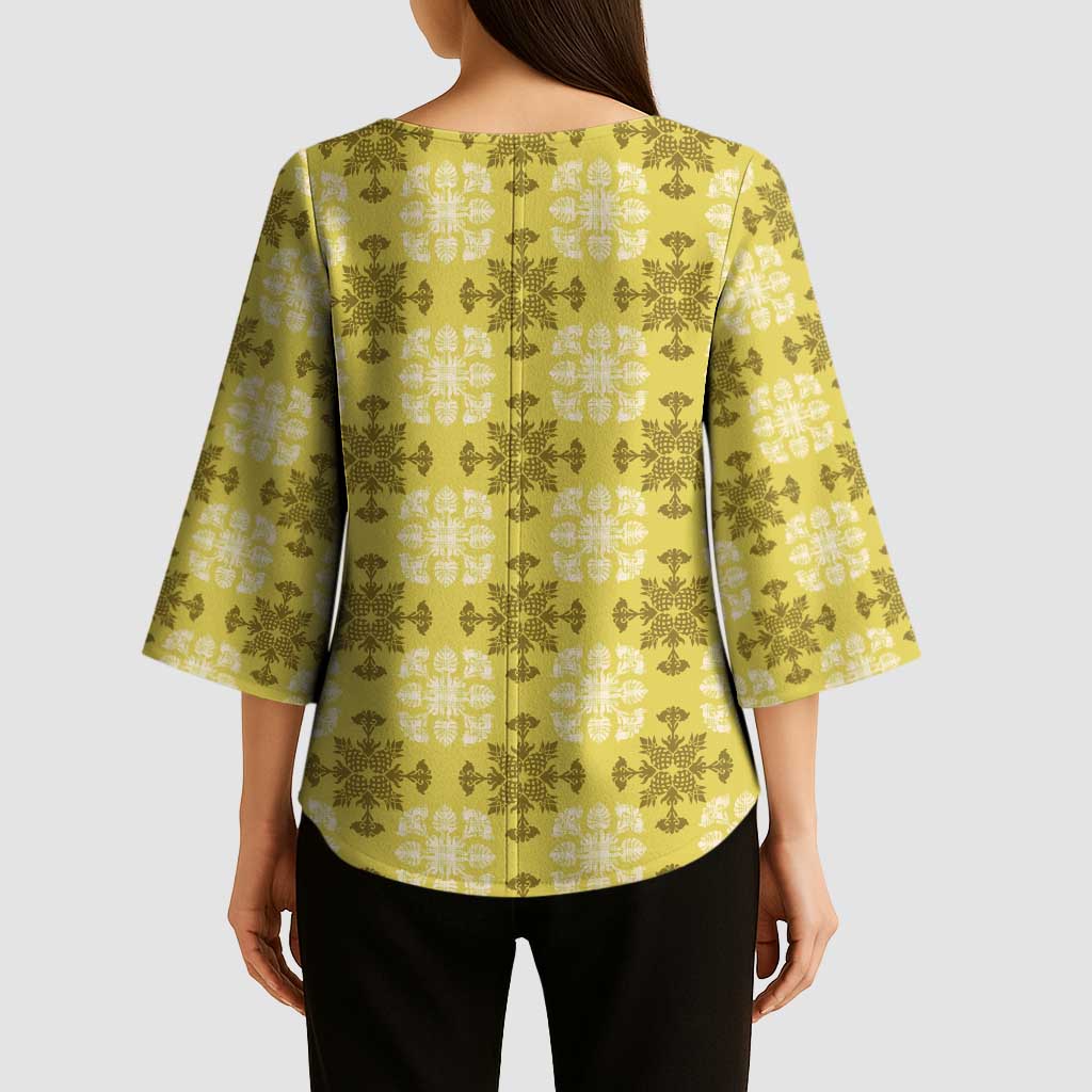 Yellow Hawaiian Quilt Kimono Sleeve Blouse Hawaii Pineapple Monstera Palaka Motifs - Polynesian Pride
