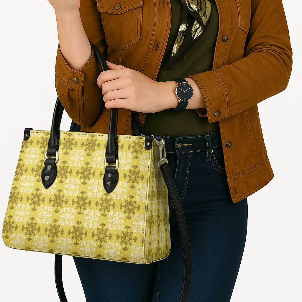 Yellow Hawaiian Quilt Leather Bag Hawaii Pineapple Monstera Palaka Motifs - Polynesian Pride