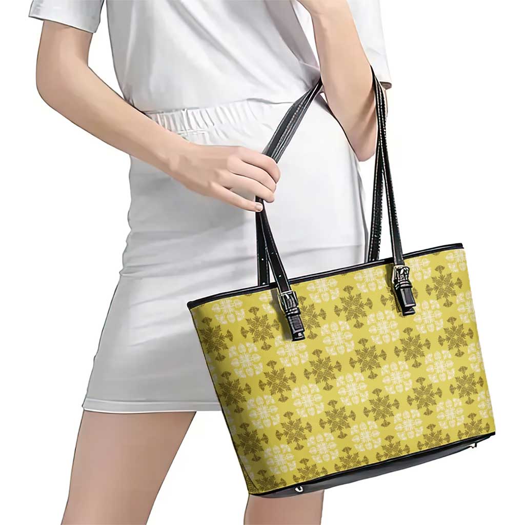 Yellow Hawaiian Quilt Leather Tote Bag Hawaii Pineapple Monstera Palaka Motifs - Polynesian Pride
