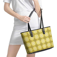 Yellow Hawaiian Quilt Leather Tote Bag Hawaii Pineapple Monstera Palaka Motifs - Polynesian Pride