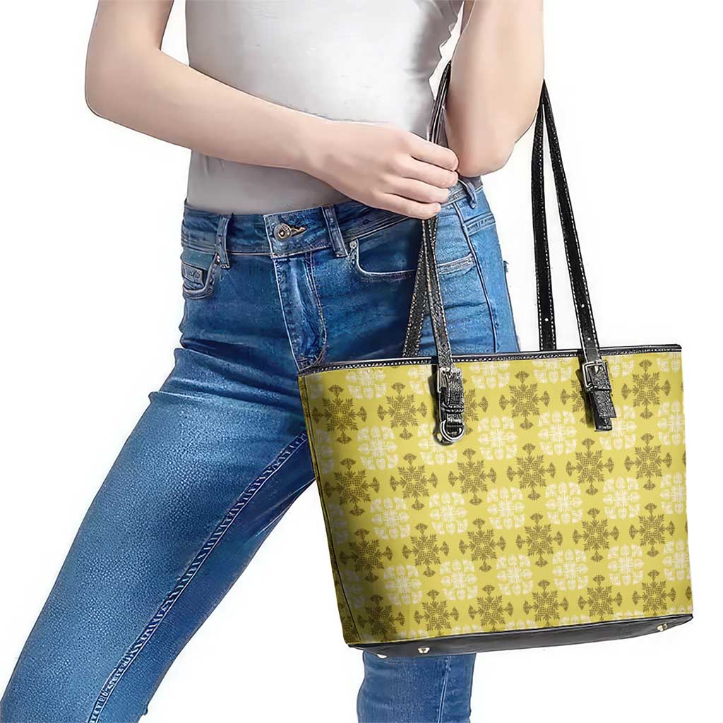 Yellow Hawaiian Quilt Leather Tote Bag Hawaii Pineapple Monstera Palaka Motifs - Polynesian Pride