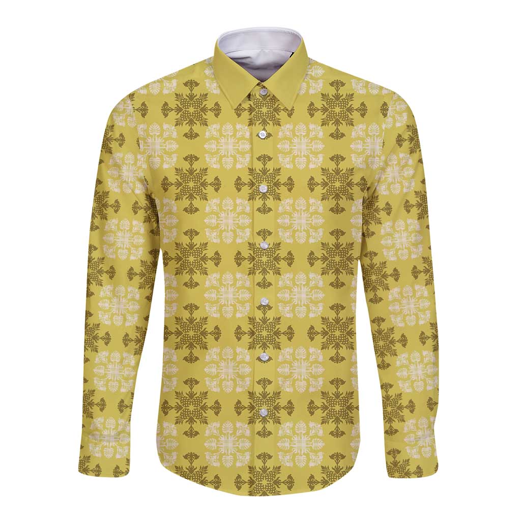 Yellow Hawaiian Quilt Long Sleeve Button Shirt Hawaii Pineapple Monstera Palaka Motifs LT14 Unisex Yellow - Polynesian Pride