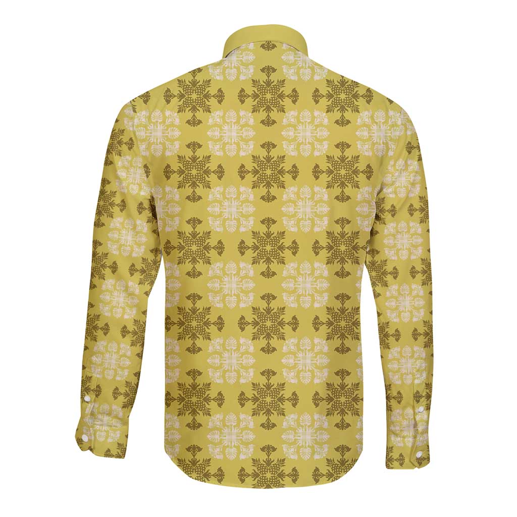 Yellow Hawaiian Quilt Long Sleeve Button Shirt Hawaii Pineapple Monstera Palaka Motifs LT14 - Polynesian Pride