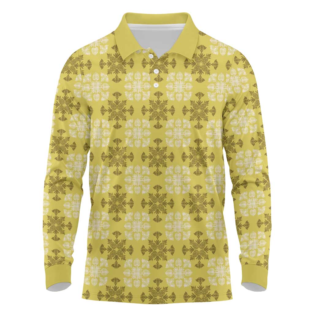 Yellow Hawaiian Quilt Long Sleeve Polo Shirt Hawaii Pineapple Monstera Palaka Motifs - Polynesian Pride