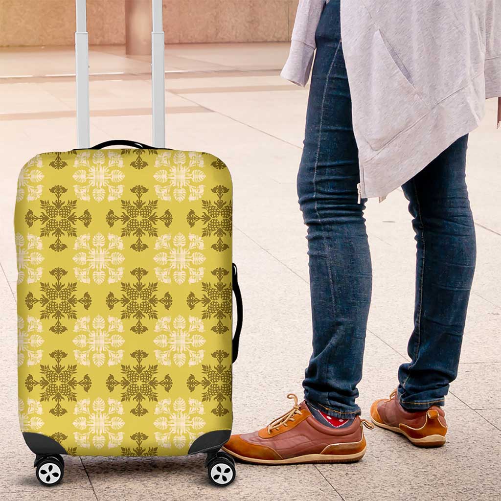 Yellow Hawaiian Quilt Luggage Cover Hawaii Pineapple Monstera Palaka Motifs - Polynesian Pride