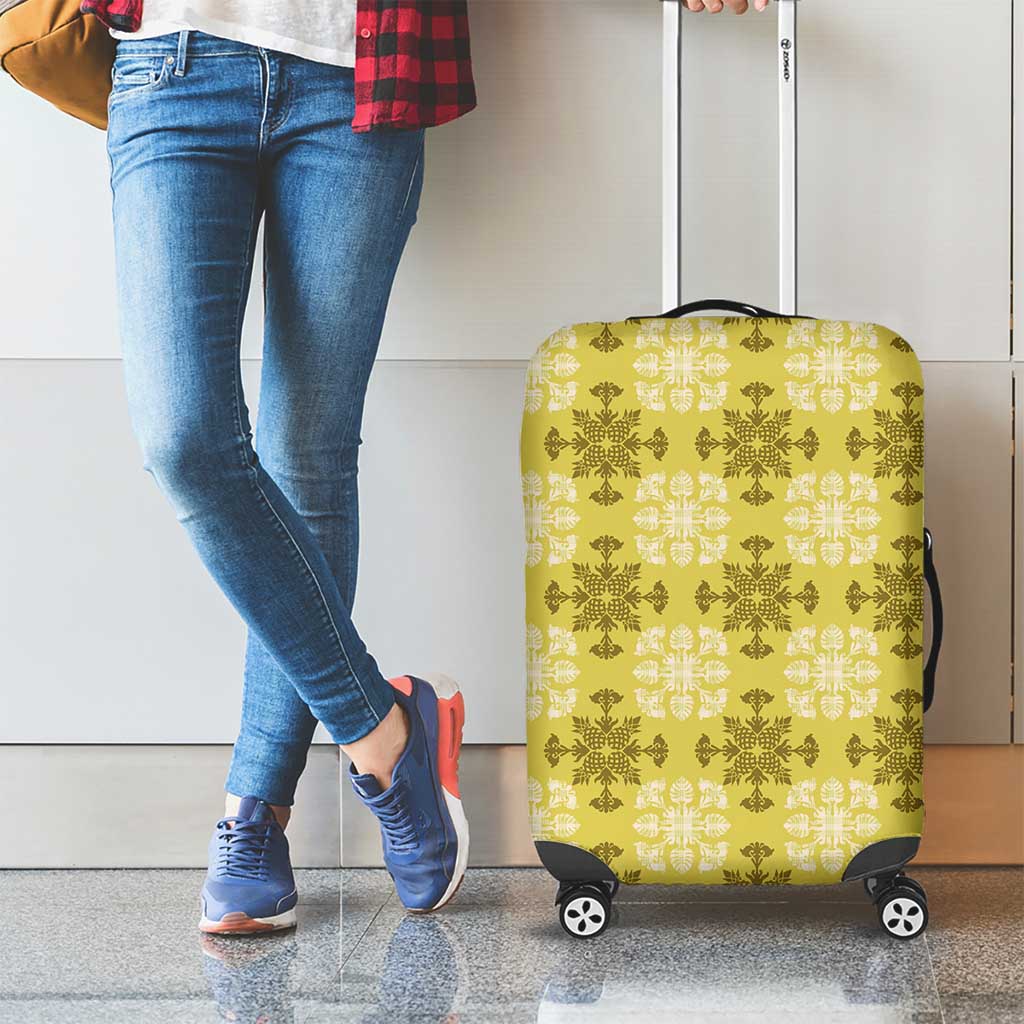 Yellow Hawaiian Quilt Luggage Cover Hawaii Pineapple Monstera Palaka Motifs - Polynesian Pride