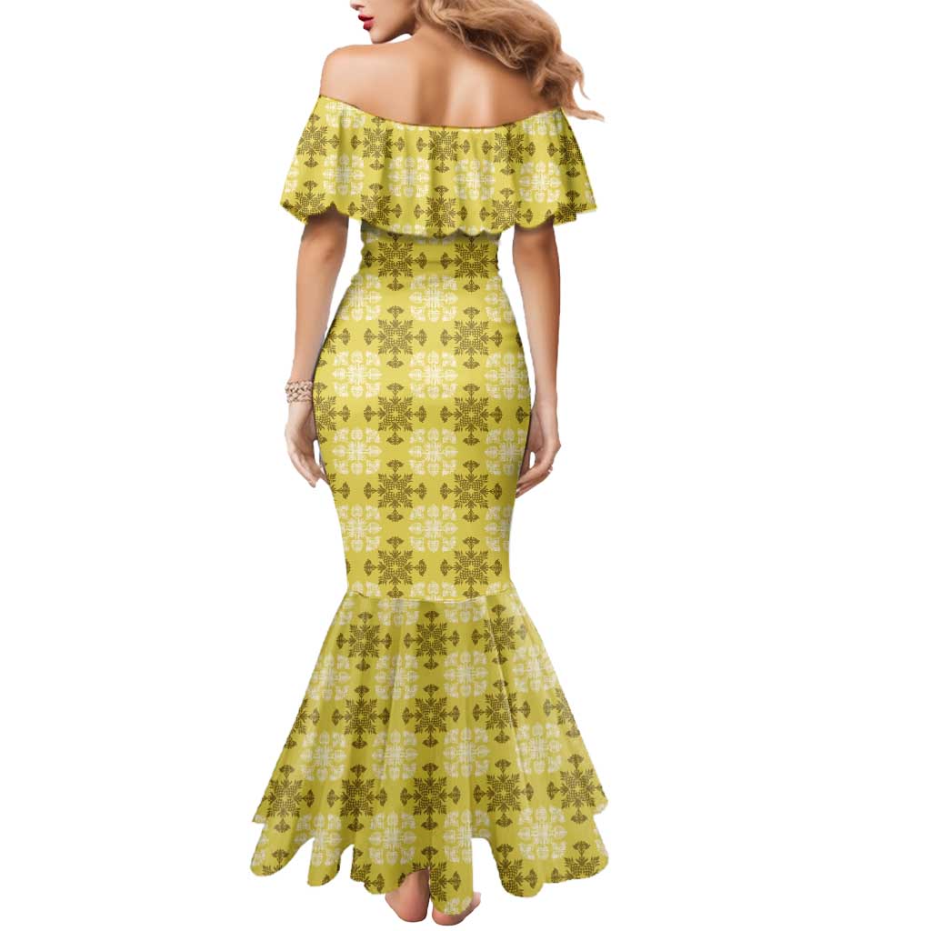 Yellow Hawaiian Quilt Mermaid Dress Hawaii Pineapple Monstera Palaka Motifs - Polynesian Pride