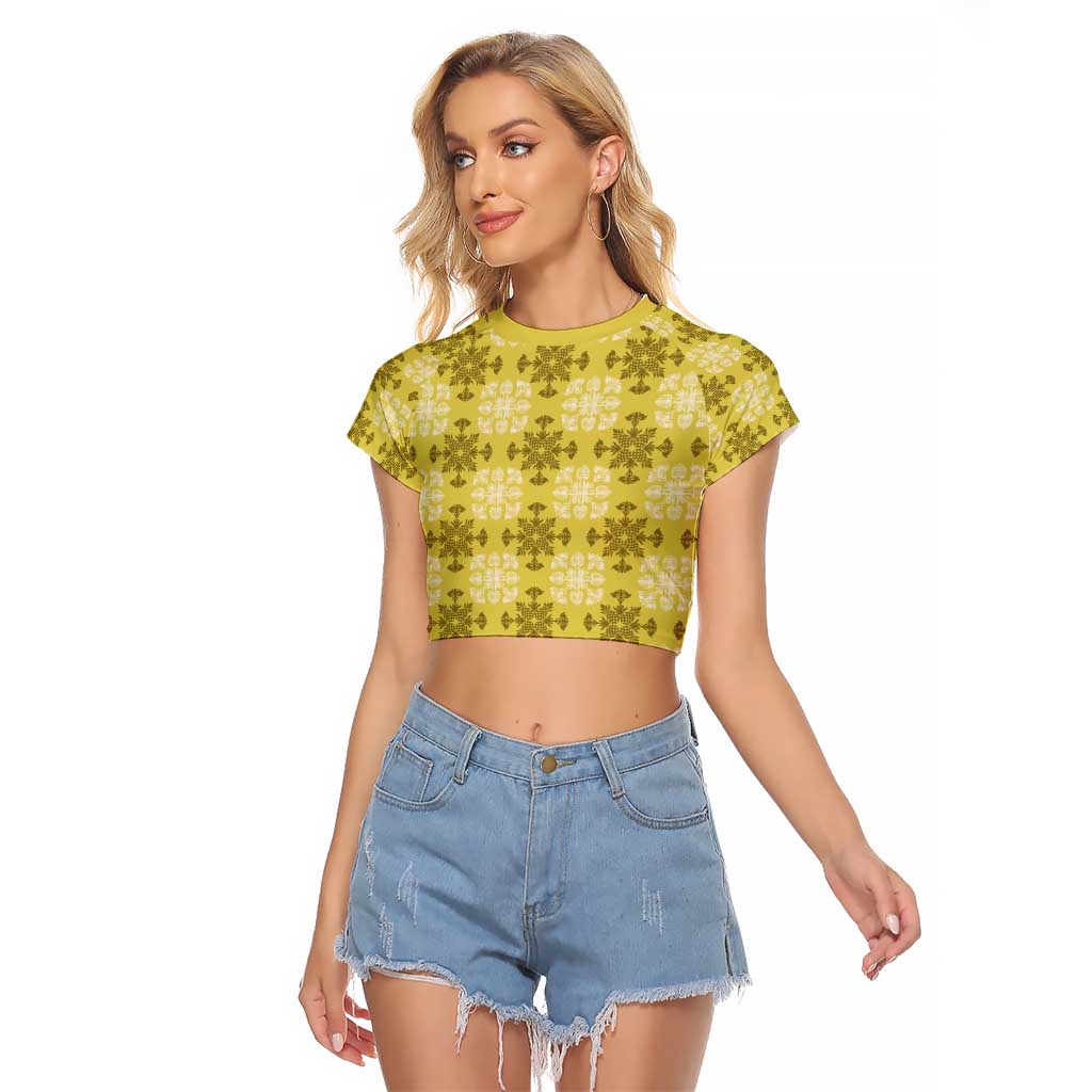 Yellow Hawaiian Quilt Raglan Cropped T Shirt Hawaii Pineapple Monstera Palaka Motifs - Polynesian Pride