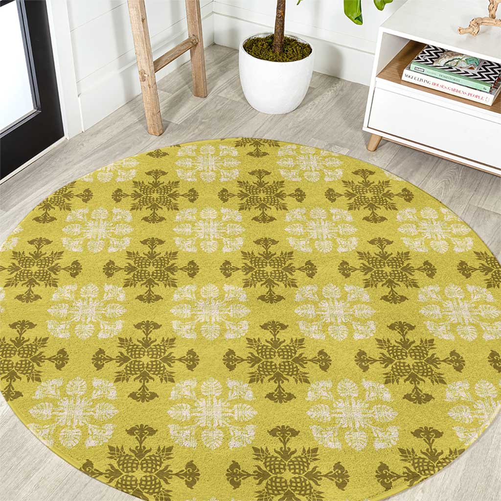 Yellow Hawaiian Quilt Round Carpet Hawaii Pineapple Monstera Palaka Motifs - Polynesian Pride