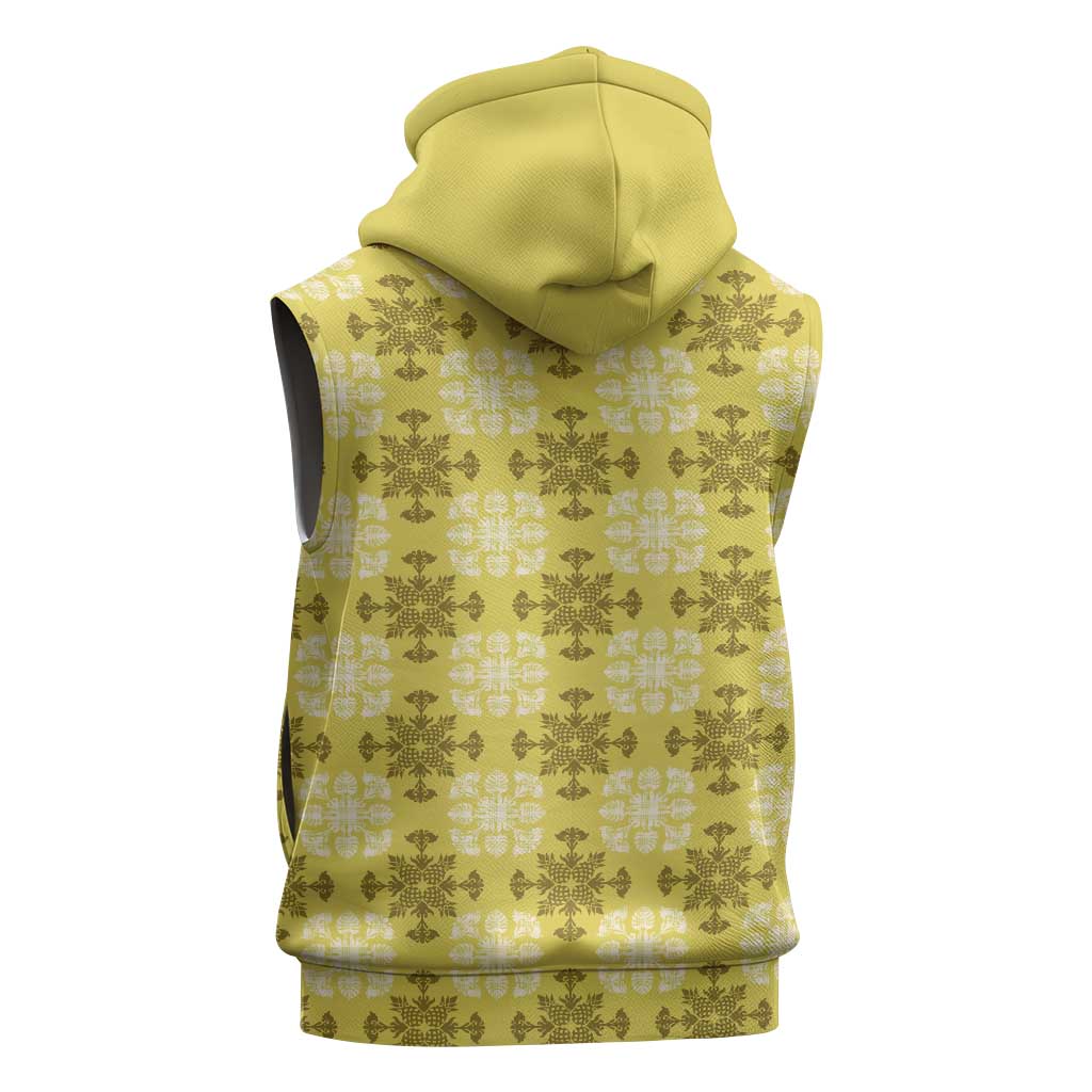 Yellow Hawaiian Quilt Sleeveless Hoodie Hawaii Pineapple Monstera Palaka Motifs - Polynesian Pride