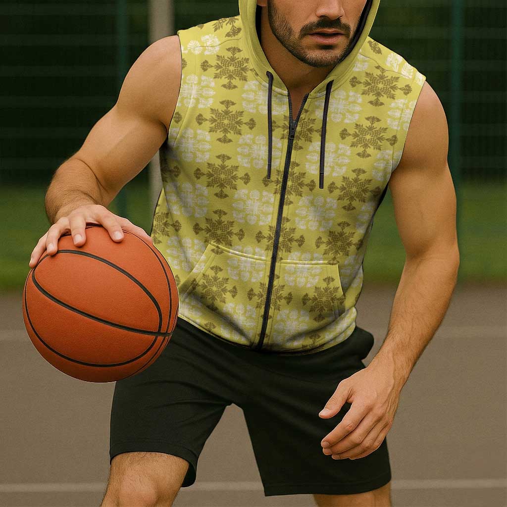 Yellow Hawaiian Quilt Sleeveless Zip Hoodie Hawaii Pineapple Monstera Palaka Motifs - Polynesian Pride