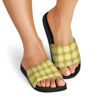Yellow Hawaiian Quilt Slide Sandals Hawaii Pineapple Monstera Palaka Motifs - Polynesian Pride