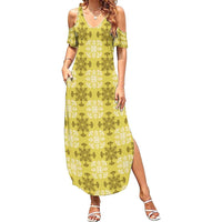Yellow Hawaiian Quilt Summer Maxi Dress Hawaii Pineapple Monstera Palaka Motifs - Polynesian Pride