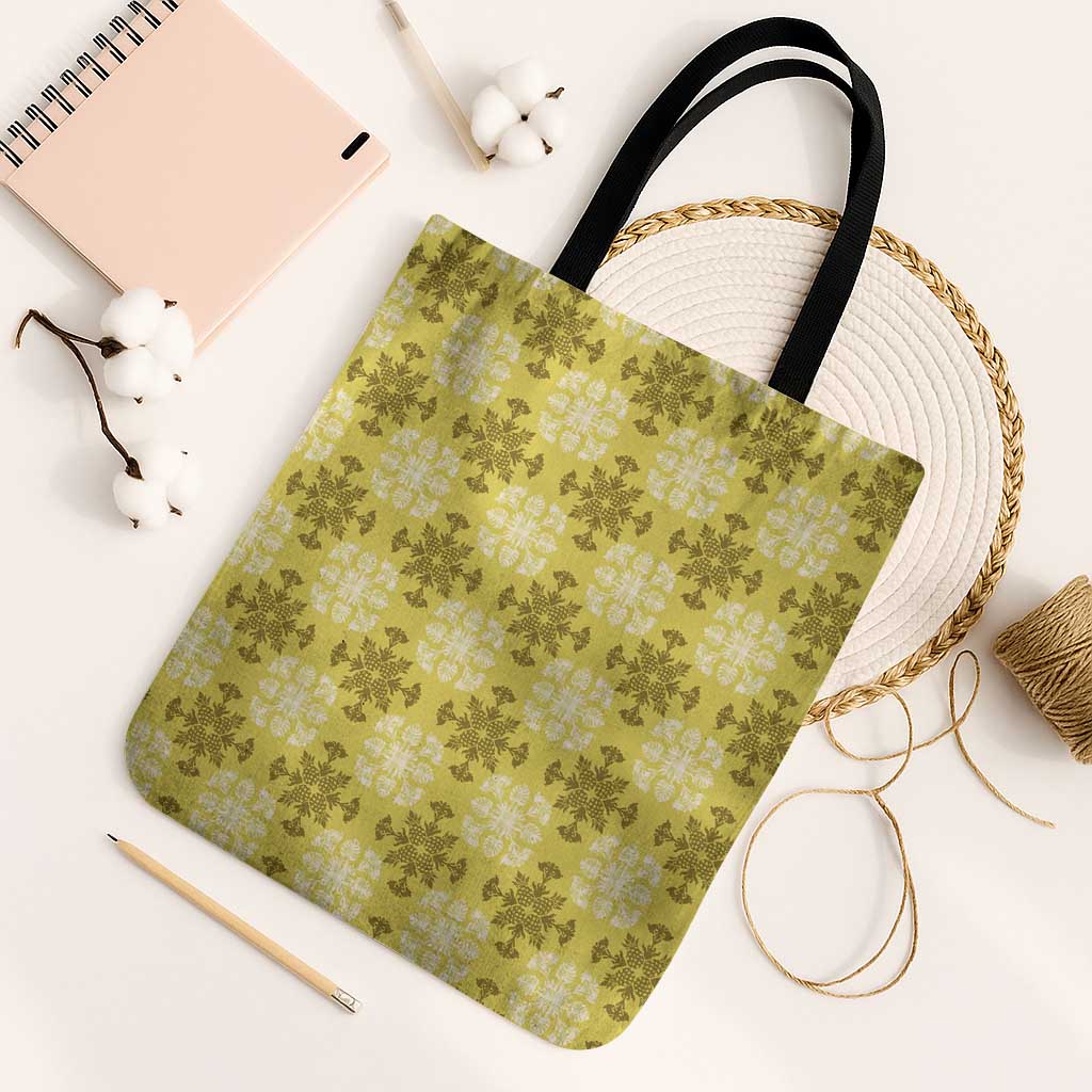 Yellow Hawaiian Quilt Tote Bag Hawaii Pineapple Monstera Palaka Motifs - Polynesian Pride