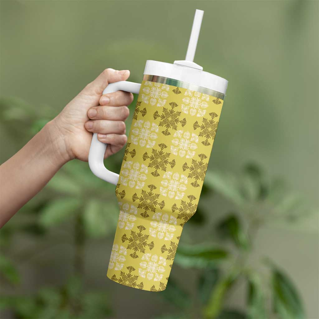 Yellow Hawaiian Quilt Tumbler With Handle Hawaii Pineapple Monstera Palaka Motifs - Polynesian Pride