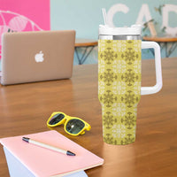 Yellow Hawaiian Quilt Tumbler With Handle Hawaii Pineapple Monstera Palaka Motifs - Polynesian Pride